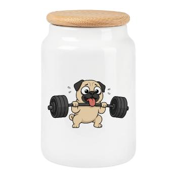 Cute Pug Cartoon Fitness Bodybuilder Weightlifter - Cookie Jar with Wooden Lid - white - Front
