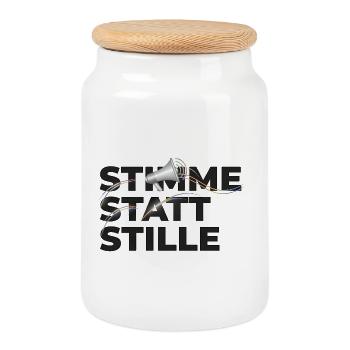 Stimme statt Stille Spruch Aktivismus Megafon - Keksdose mit Holzdeckel - Weiß - Vorne