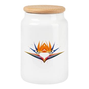 Symmetrical Bird of Paradise Flower Abstract Motif - Cookie Jar with Wooden Lid - white - Front