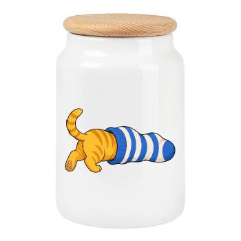 Cat in the sock - Cookie Jar with Wooden Lid - white - Front
