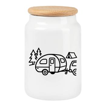 Caravan Camping Camper Motorhome Holiday - Cookie Jar with Wooden Lid - white - Front
