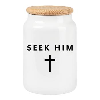 Seek Him Minimalist Faith Jesus Cool Christian - Cookie Jar with Wooden Lid - white - Front