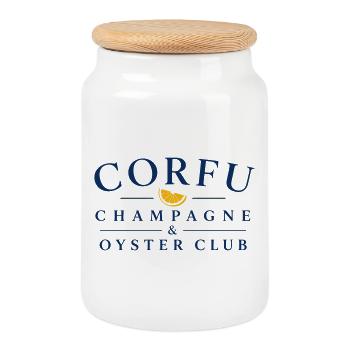 Corfu Champ*gne & Oyster Club Logo - Cookie Jar with Wooden Lid - white - Front