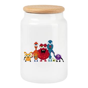 Eine bunte Monster Familie hat gemeinsam Spaß - Keksdose mit Holzdeckel - Weiß - Vorne