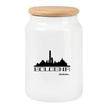 Neon-Umrisse der Skyline von Bologna - Keksdose mit Holzdeckel - Weiß - Vorne