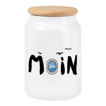 Moin Meer Leuchtturm Möwe See Nordisch Maritim - Keksdose mit Holzdeckel - Weiß - Vorne