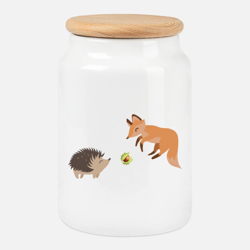Fuchs und Igel spielen mit einer Kastanie Fußball - Keksdose mit Holzdeckel - Weiß