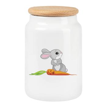 Lapin avec carotte - Boîte à biscuits avec couvercle en bois - blanc - Devant