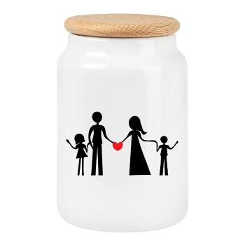 Family of four persons, boy and girl, silhouettes - Cookie Jar with Wooden Lid - white - Front