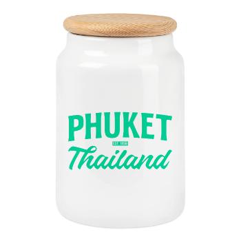 Phuket Thailand Teal Script - Cookie Jar with Wooden Lid - white - Front