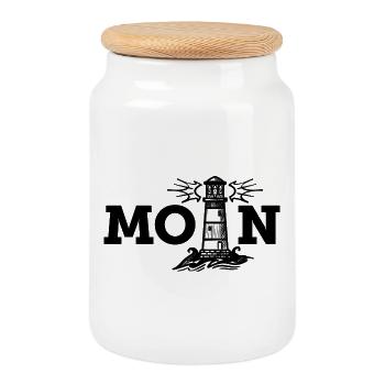 Moin (Typo/Leuchtturm - Keksdose mit Holzdeckel - Weiß - Vorne