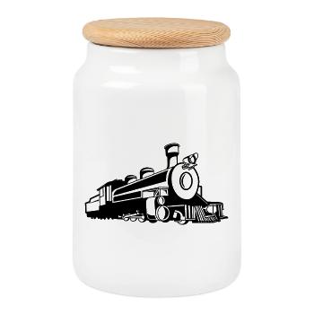 Retro Train Sketch - Cookie Jar with Wooden Lid - white - Front