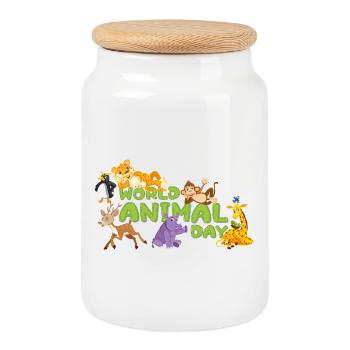Journée mondiale des animaux Cartoon Tee - Boîte à biscuits avec couvercle en bois - blanc - Devant
