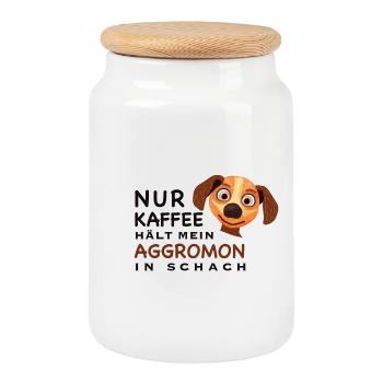 Lustiger Spruch, Kaffee hält Aggromon in Schach - Keksdose mit Holzdeckel - Weiß - Vorne