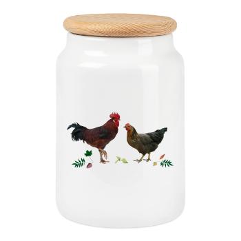 Rooster and chicken - Cookie Jar with Wooden Lid - white - Front