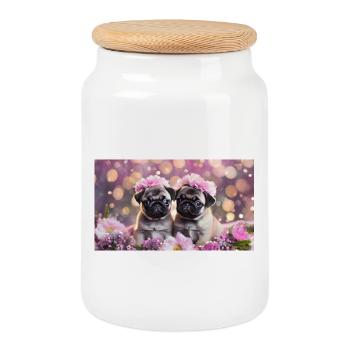 Cute baby dogs with flower wreaths - Cookie Jar with Wooden Lid - white - Front
