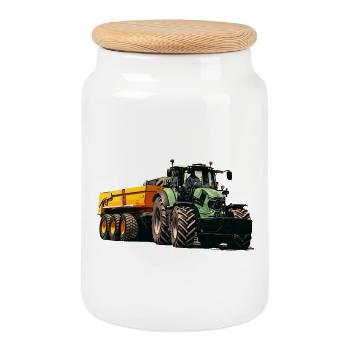 Traktor mit Anhänger Kipper - Keksdose mit Holzdeckel - Weiß - Vorne