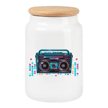 Magnétophone à cassettes au look néon lumineux des années 80 - Boîte à biscuits avec couvercle en bois - blanc - Devant
