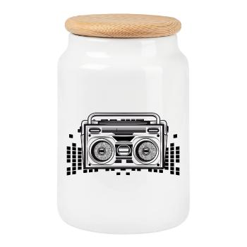 Magnétophone à cassette au pochoir des années 80 - Boîte à biscuits avec couvercle en bois - blanc - Devant