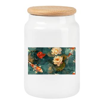 Koi and Lotus Flowers on Teal Water - Cookie Jar with Wooden Lid - white - Front