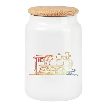 Railway Sketch Vintage - Cookie Jar with Wooden Lid - white - Front