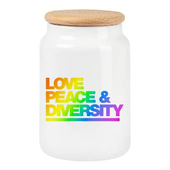 Typo Love Peace Diversity Rainbow - Keksdose mit Holzdeckel - Weiß - Vorne