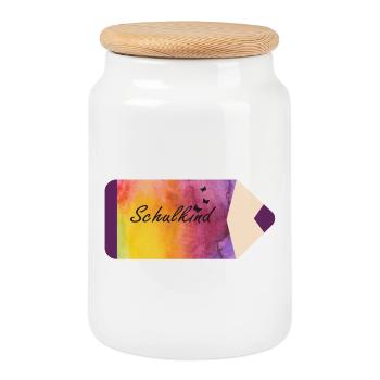 School Child Pen Watercolor Purple Yellow Butterflies - Cookie Jar with Wooden Lid - white - Front