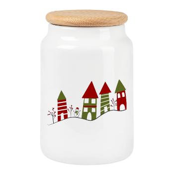 joli Village enneigé en hiver - Boîte à biscuits avec couvercle en bois - blanc - Devant