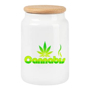 Vibrant Cannabis Leaf Emblem on Green Gradient - Cookie Jar with Wooden Lid - white - Front