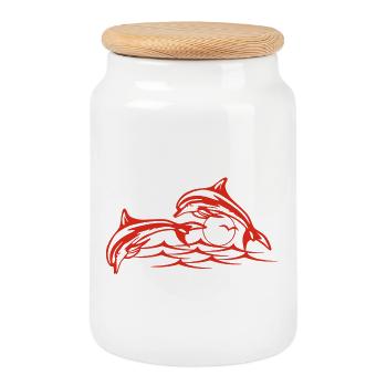 Les dauphins rouges - Boîte à biscuits avec couvercle en bois - blanc - Devant