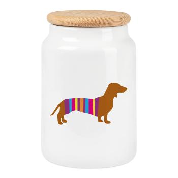 Teckel Rayure Chien Chien Race Chien Chien Promenade Bello Fan - Boîte à biscuits avec couvercle en bois - blanc - Devant