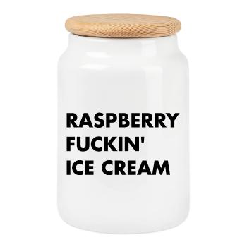 Raspberry Cream - Black Lettering - Cookie Jar with Wooden Lid - white - Front