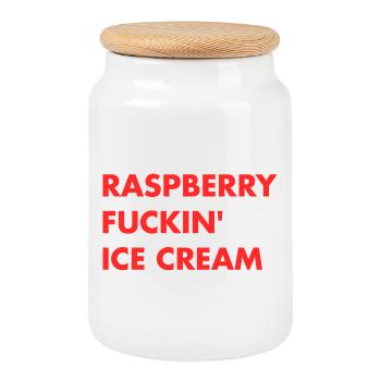 Glace à la framboise - Lettrage rouge - Boîte à biscuits avec couvercle en bois - blanc - Devant