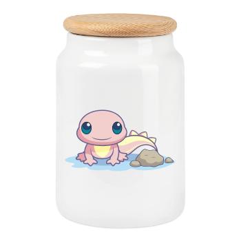 Kleiner rosa Salamander am Ufer - Keksdose mit Holzdeckel - Weiß - Vorne