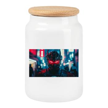 Futuristic Black and Red Warrior Face - Cookie Jar with Wooden Lid - white - Front