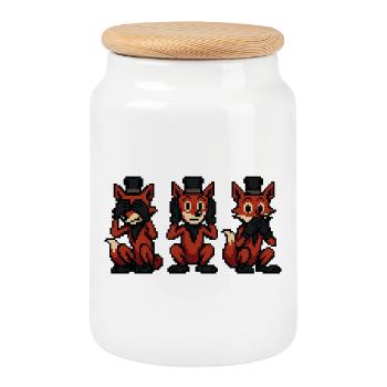 Fox in the style of the 3 monkeys - Cookie Jar with Wooden Lid - white - Front