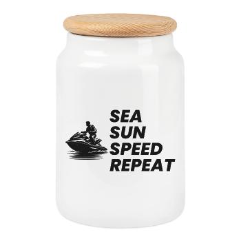 Sea Sun Speed Repeat Jet Ski Rider  - Cookie Jar with Wooden Lid - white - Front