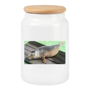 Seal pup on Texel - Cookie Jar with Wooden Lid - white - Front