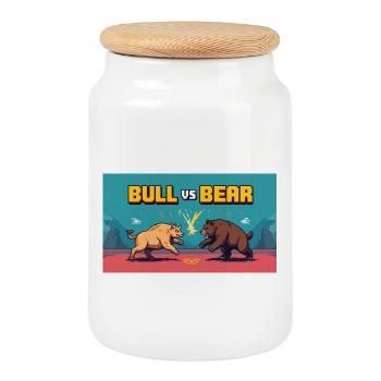 Pixel Art Bull vs Bear Battle - Cookie Jar with Wooden Lid - white - Front