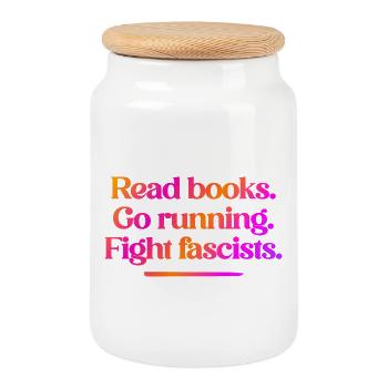 Read books. Go running. Fight fascists. - Cookie Jar with Wooden Lid - white - Front