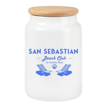 San Sebastian Beach Club Vintage Typography - Cookie Jar with Wooden Lid - white - Front