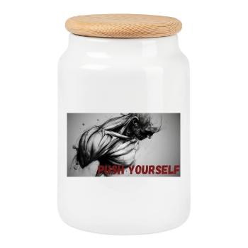 Dynamic Black and White Motif with Motivational Saying - Cookie Jar with Wooden Lid - white - Front