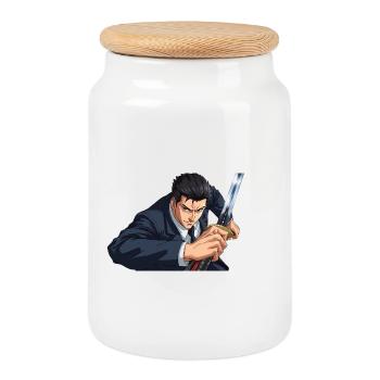 Anime en costume avec épée - Boîte à biscuits avec couvercle en bois - blanc - Devant