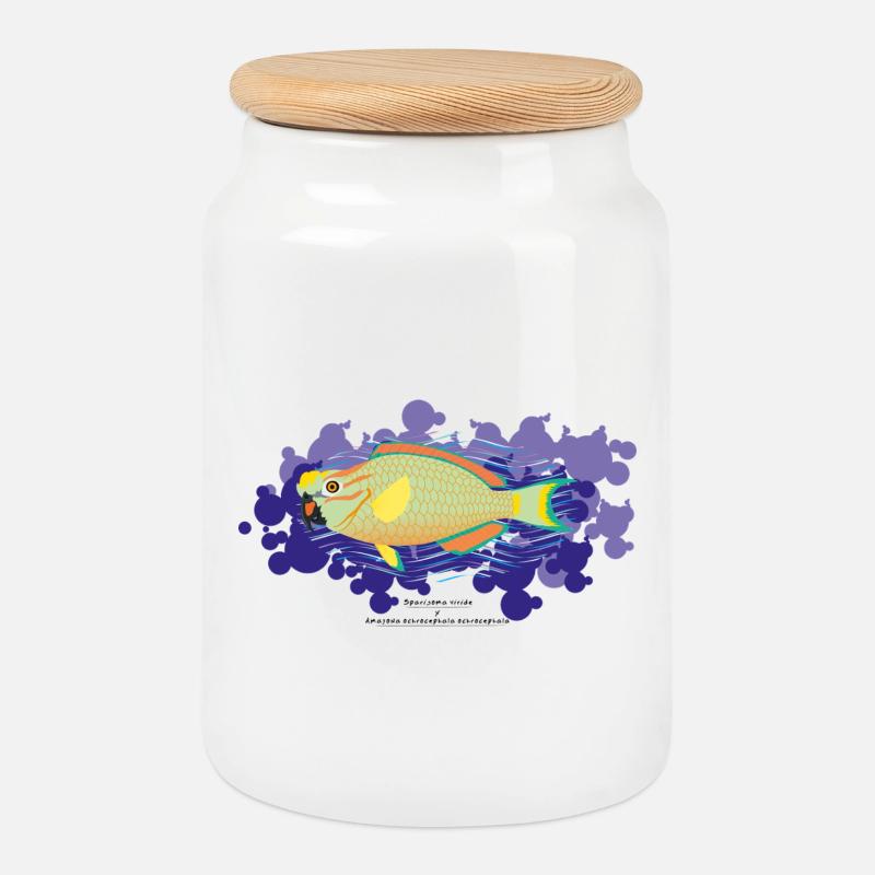 Poisson-perroquet / Hybride - Boîte à biscuits avec couvercle en bois - blanc