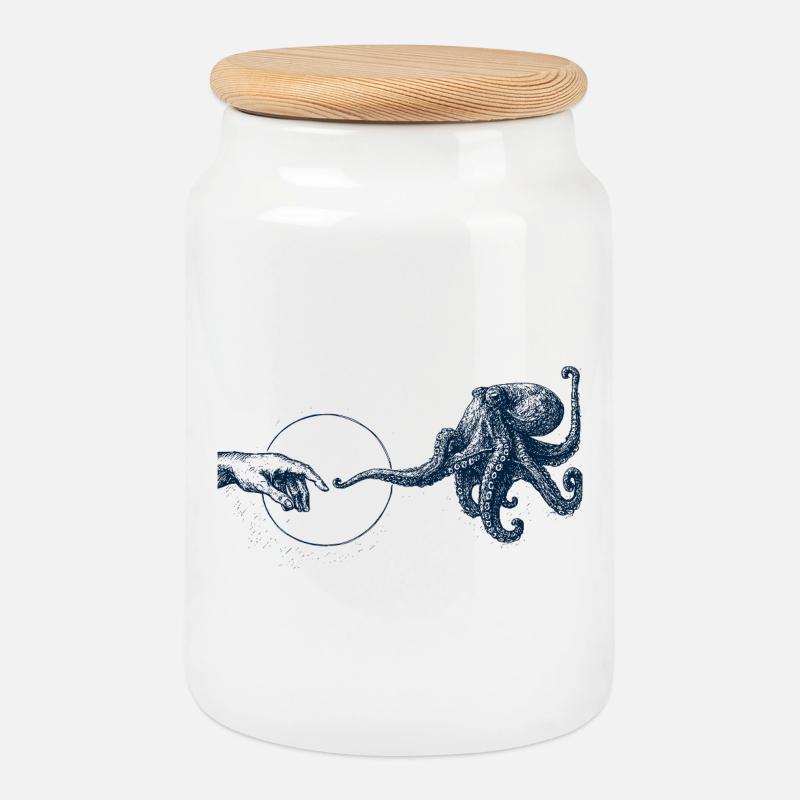 Oktopus - Kontakt - Keksdose mit Holzdeckel - Weiß