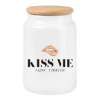 Motif du baiser : Lèvres et slogan du dollar - Boîte à biscuits avec couvercle en bois - blanc - Devant