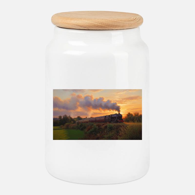 Sunset Steam Train - Keksdose mit Holzdeckel - Weiß