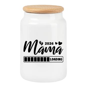 Mama 2026 loading - Schwangerschaft - Geschenk - Keksdose mit Holzdeckel - Weiß - Vorne