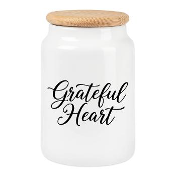 Grateful Heart Script - Cookie Jar with Wooden Lid - white - Front