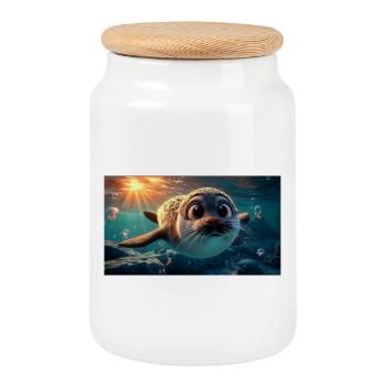 Mignons bébés phoques aux yeux en bouton dans la mer - Boîte à biscuits avec couvercle en bois - blanc - Devant